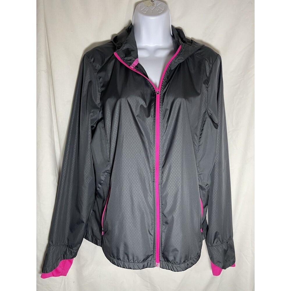 Danskin Now Women's Hooded Windbreaker Jacket Size L (12-14) Gray Pink Athletic